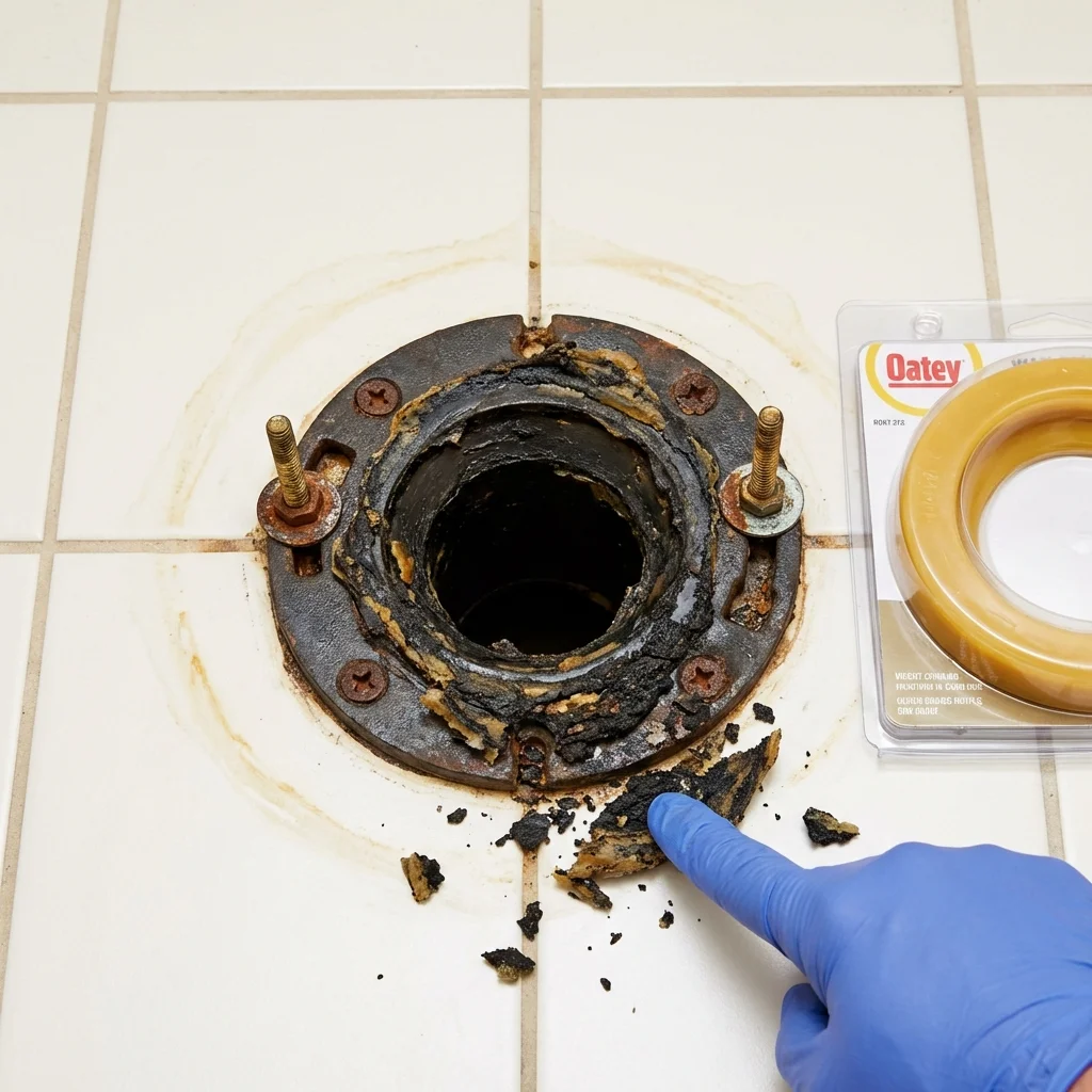 Failed wax ring showing water seepage at the base of a toilet in a La Grange, IL home