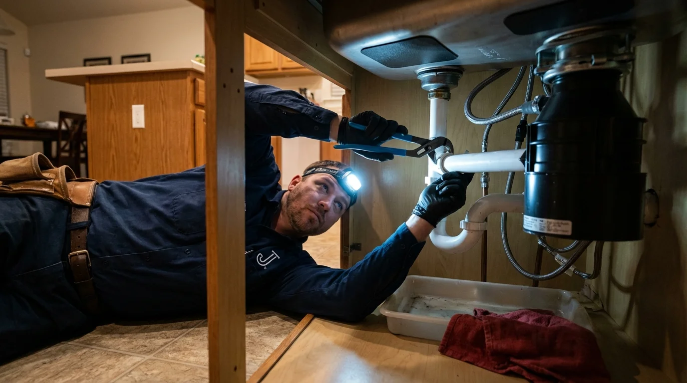 P-trap and supply line connections under a kitchen sink showing a common leak point in La Grange, IL